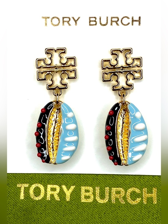 Tory Burch Jewelry - Tory Burch Gold Logo Drop Earrings with Sky Blue, Black & Red Accents